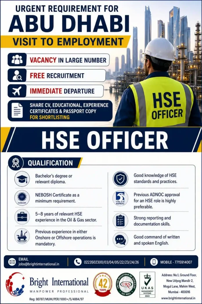 HSE Officer Jobs in Abu Dhabi – Urgent Recruitment for ADNOC Projects
