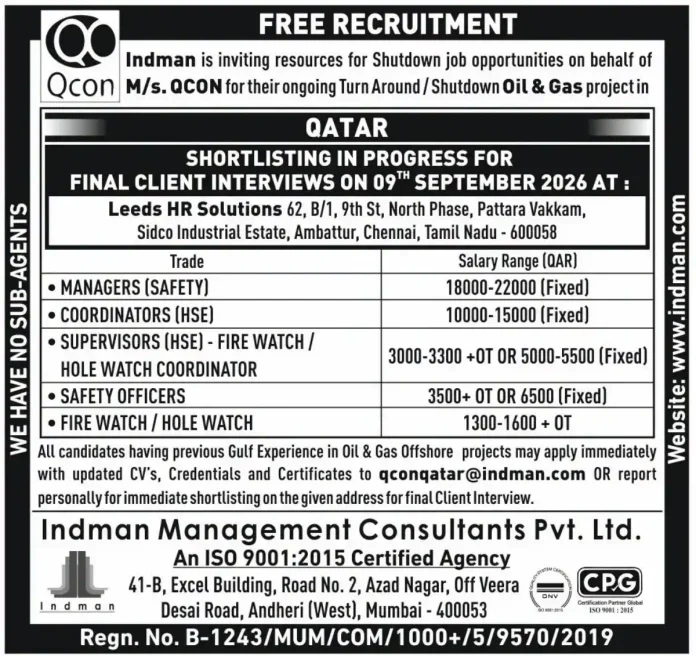 Qatar shutdown jobs QCON Indman recruitment 2026