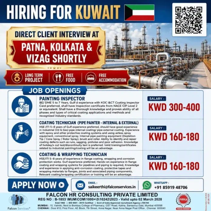 Kuwait painting inspector and coating technician jobs with free food and accommodation by Falcon Services