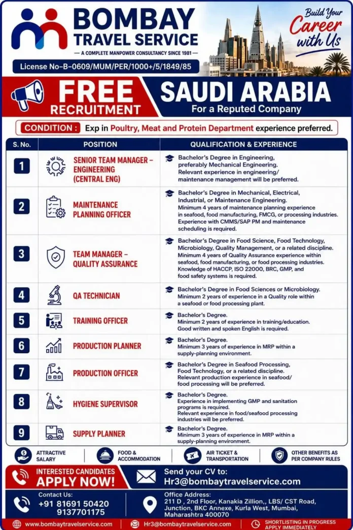 Bombay Travel Service Free Saudi Arabia Recruitment Job Flyer