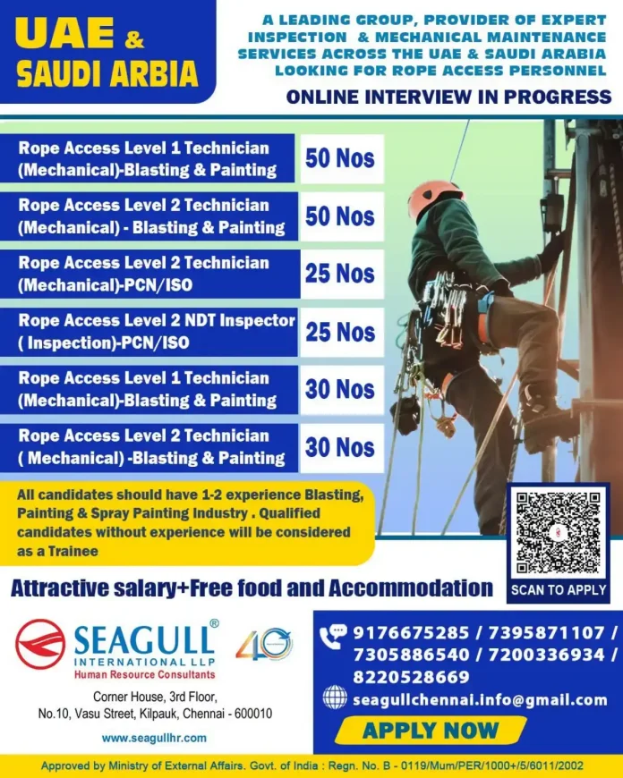 Rope Access Level 1 and Level 2 Technician jobs in UAE and Saudi Arabia