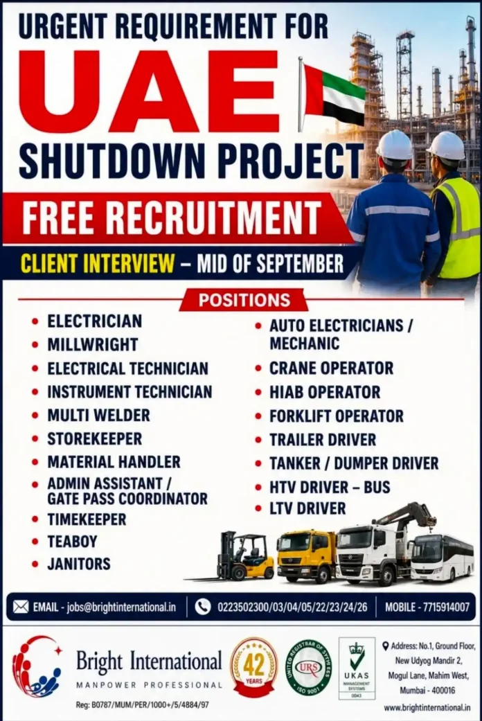 UAE Shutdown Project Jobs Free Recruitment Bright International