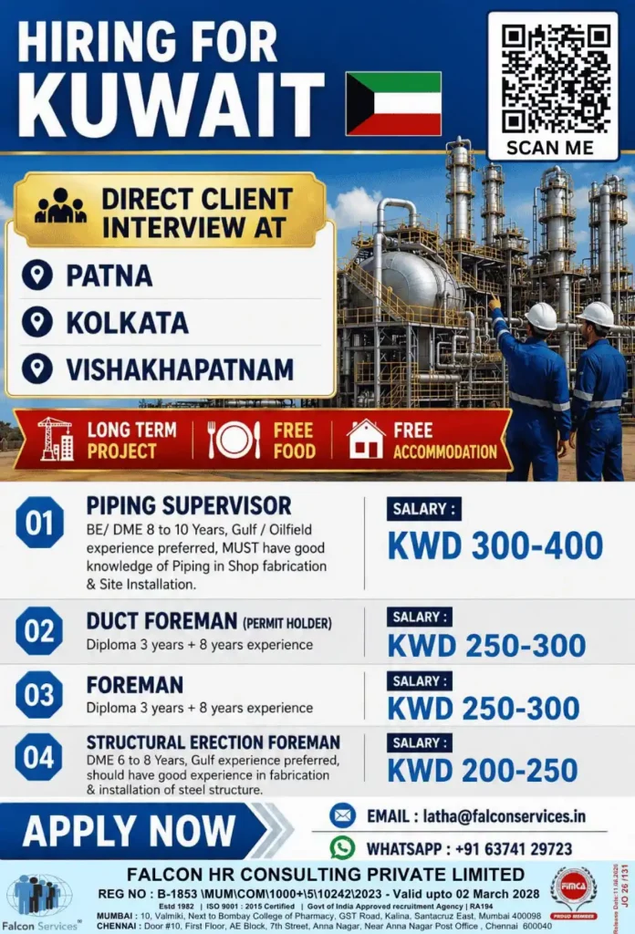 Kuwait Direct Client Interview Hiring – Falcon Services Piping Supervisor and Foreman jobs