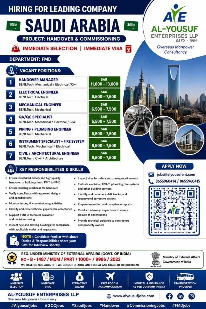 Saudi Arabia handover and commissioning jobs with Al-Yousuf Enterprises