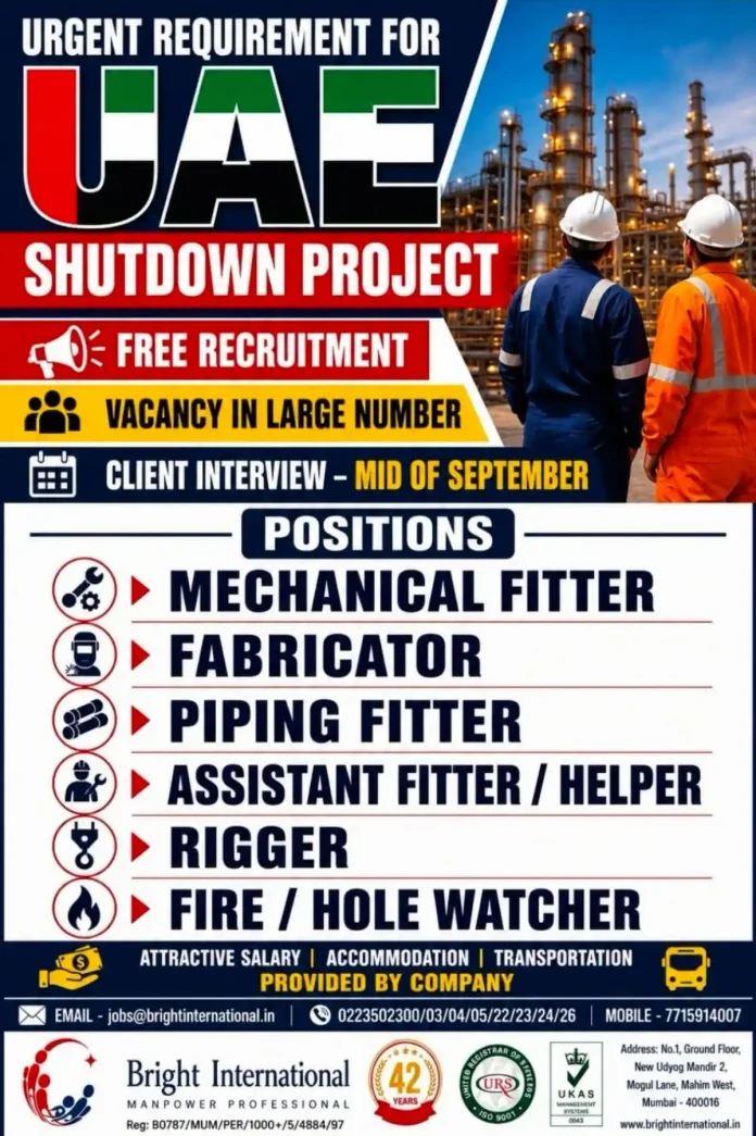 UAE Shutdown Project Jobs - Mechanical Fitter, Fabricator, Piping Fitter, Rigger and Fire Hole Watcher