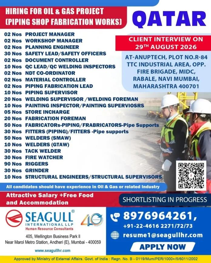 Oil & Gas Piping Fabrication Jobs Qatar 2026 - Seagull HR