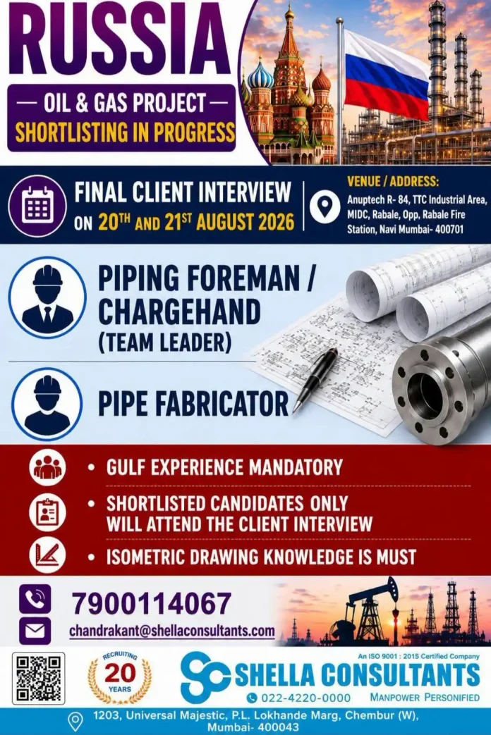 Piping Foreman Chargehand Pipe Fabricator Russia Oil Gas Project Recruitment