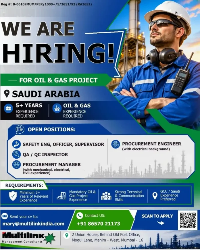 Multilink Management Consultants hiring for Oil and Gas Project jobs in Saudi Arabia