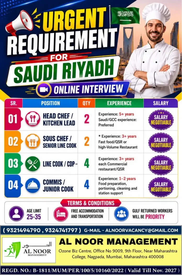 AL Noor Management Saudi Riyadh kitchen jobs online interview recruitment poster
