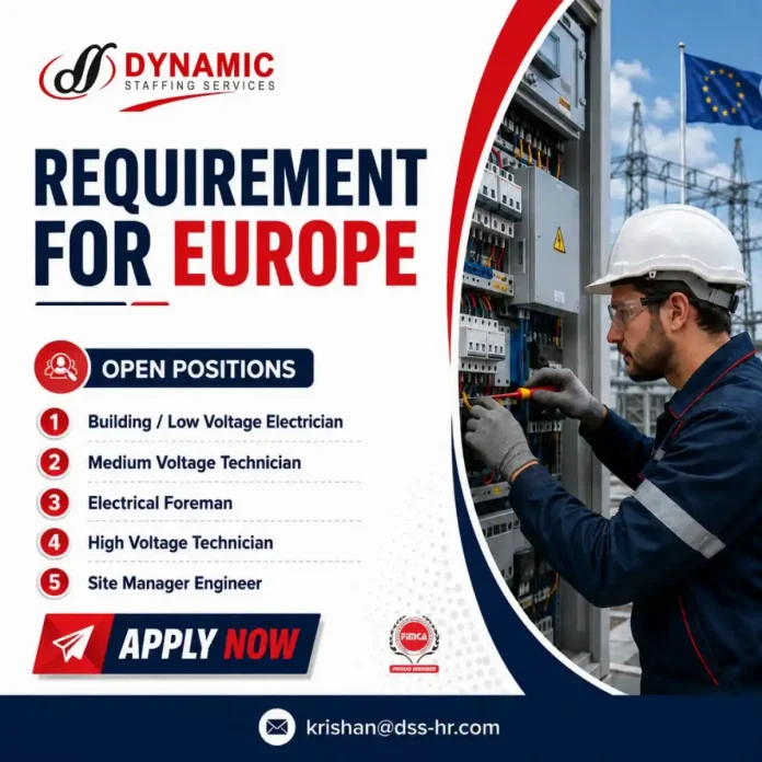 Europe electrical jobs - electrician, high voltage technician, foreman, site manager