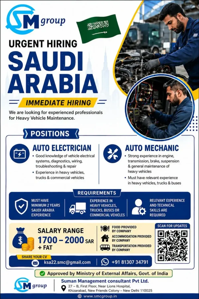 SM Group urgent hiring for Auto Electrician and Auto Mechanic in Saudi Arabia