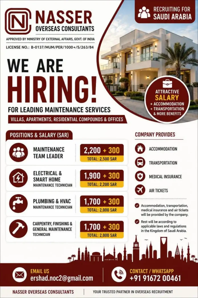 Nasser Overseas Consultants hiring maintenance technicians and team leader for Saudi Arabia