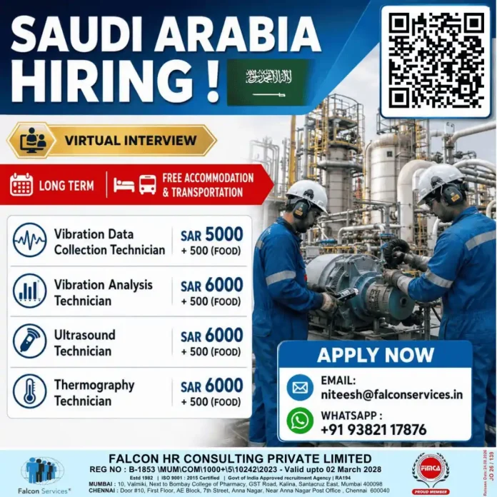 Saudi Arabia technician jobs with free accommodation and transportation by Falcon Services