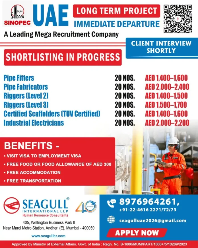 SINOPEC UAE recruitment 2026 - Pipe fitters, riggers, scaffolders and electricians jobs