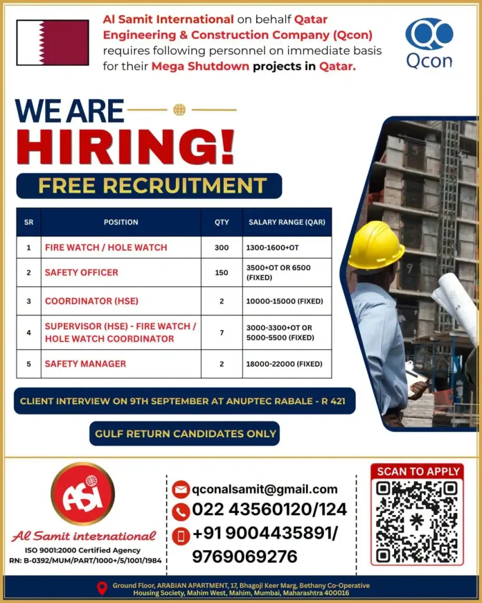 Qcon Qatar Mega Shutdown Project safety and HSE job openings
