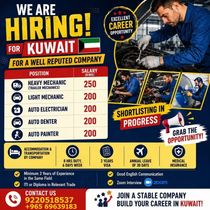 Mechanic jobs in Kuwait - Heavy Mechanic, Light Mechanic, Auto Electrician, Auto Denter and Auto Painter positions