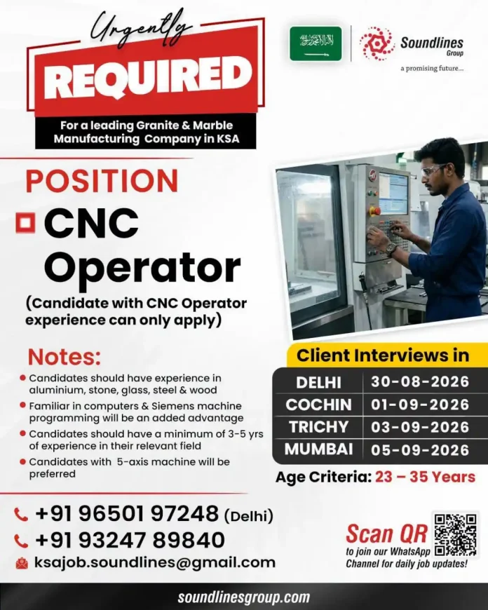 CNC Operator job in KSA - Soundlines Group hiring for Granite & Marble Manufacturing Company