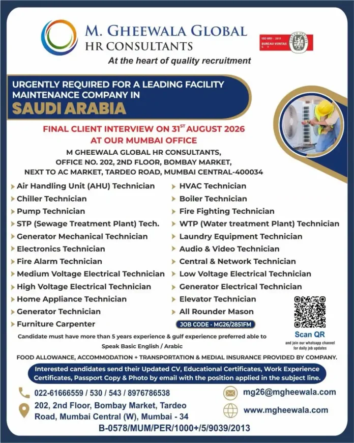 M Gheewala Global HR Consultants – Facility Maintenance Jobs in Saudi Arabia