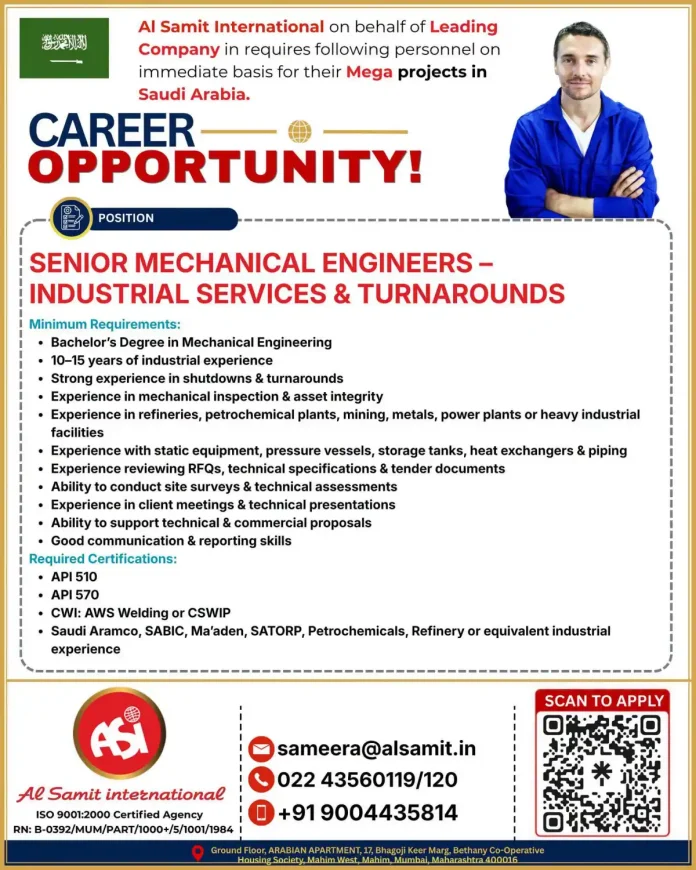 Senior Mechanical Engineer Jobs Saudi Arabia – Al Samit International