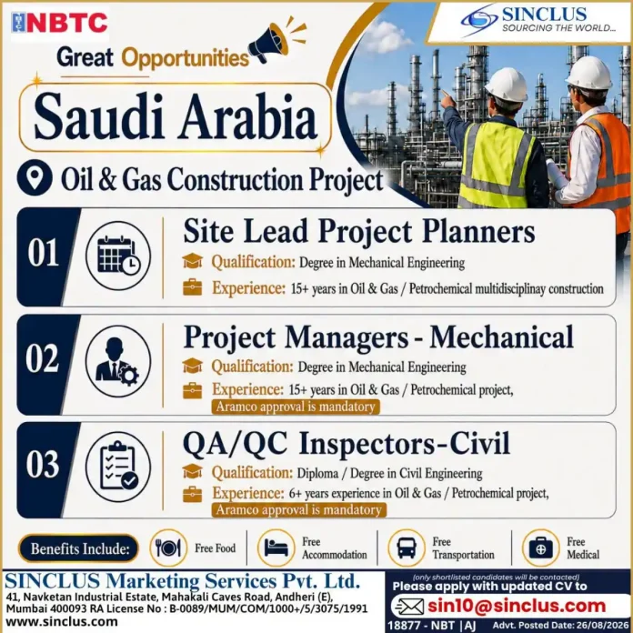 SINCLUS recruitment for NBTC Saudi Arabia Oil & Gas construction jobs