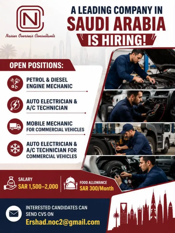 Commercial vehicle mechanic jobs in Saudi Arabia hiring by Nasser Overseas Consultants
