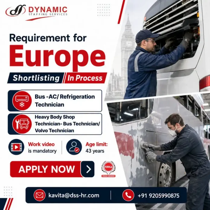 D Dynamic Staffing Services recruiting Bus AC Refrigeration Technician and Heavy Body Shop Technician for Europe