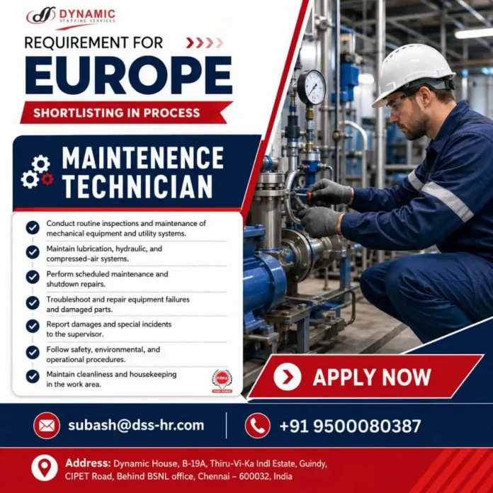 Maintenance Technician working on industrial equipment in Europe