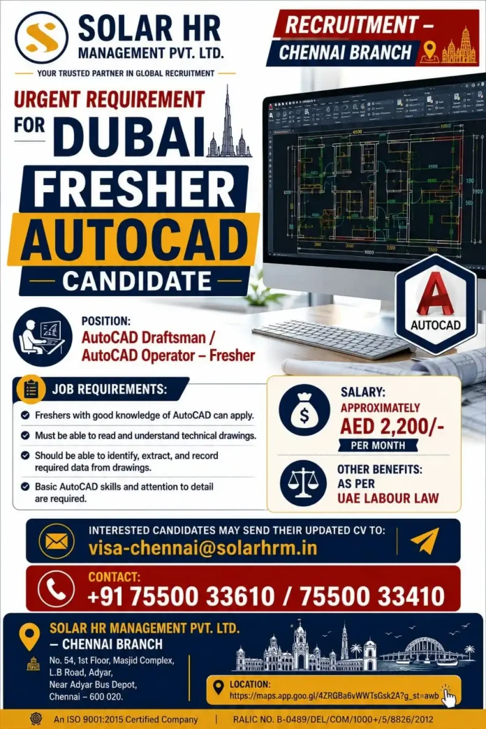 Fresher AutoCAD Draftsman Dubai job recruitment by Solar HR Management