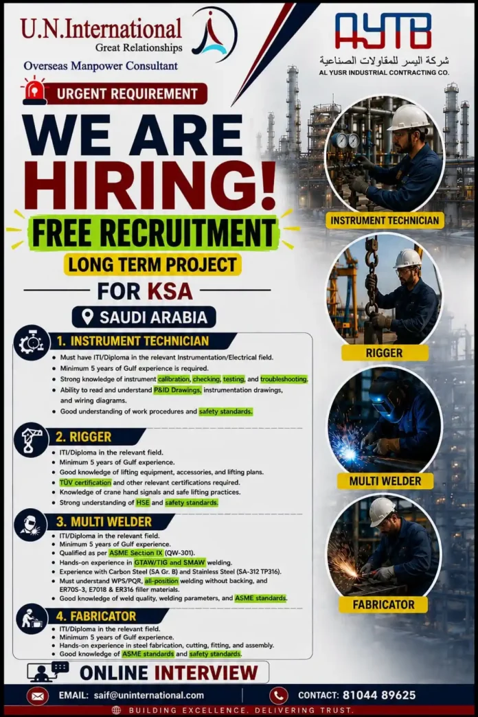 Urgent hiring for KSA Instrument Technician Rigger Multi Welder Fabricator jobs by U.N. International