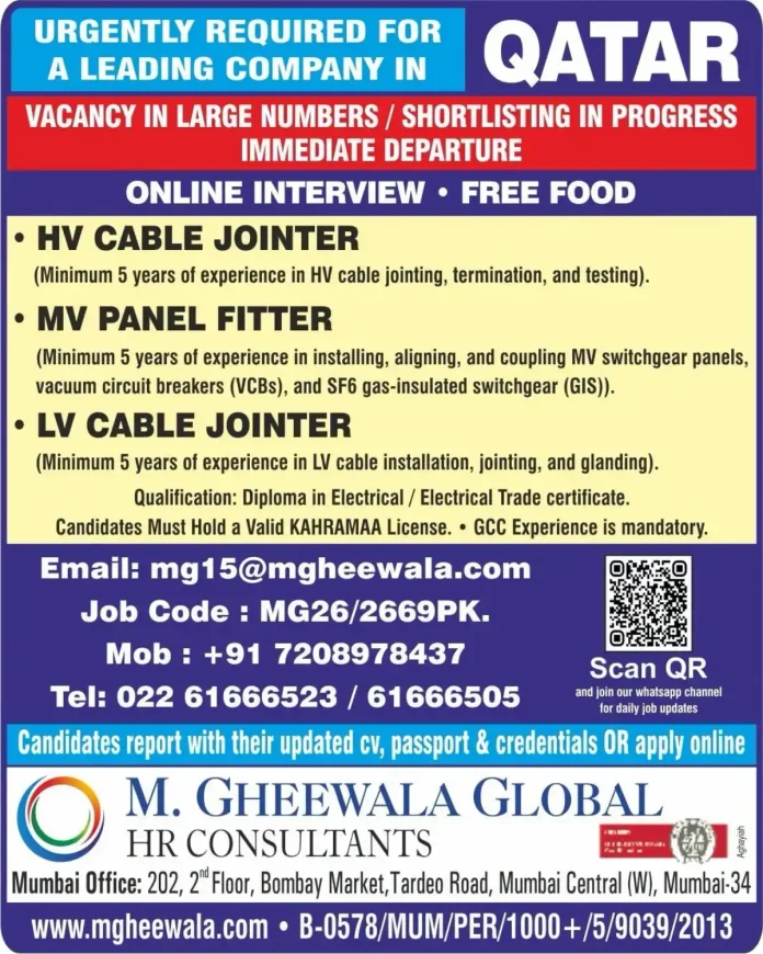 HV Cable Jointer, MV Panel Fitter and LV Cable Jointer vacancies in Qatar with M. Gheewala Global HR Consultants