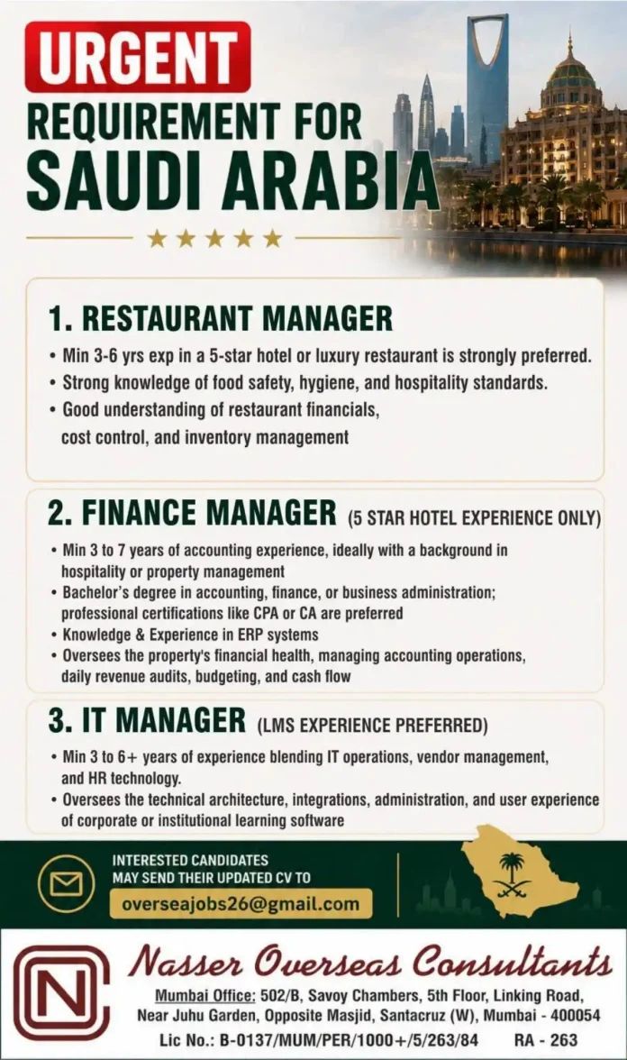 Urgent Saudi Arabia jobs for Restaurant Manager Finance Manager IT Manager