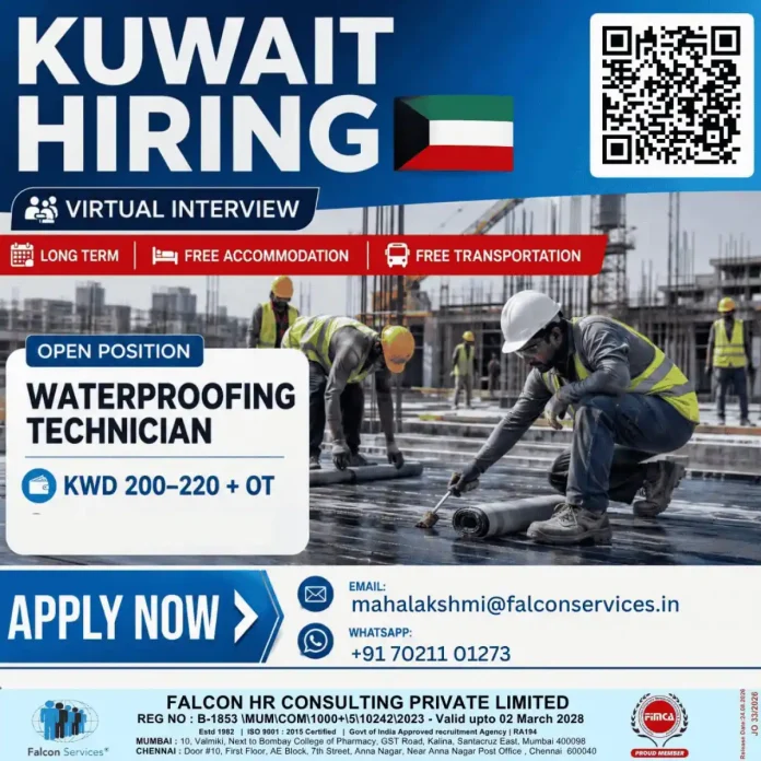Waterproofing Technician job in Kuwait with free accommodation and transportation