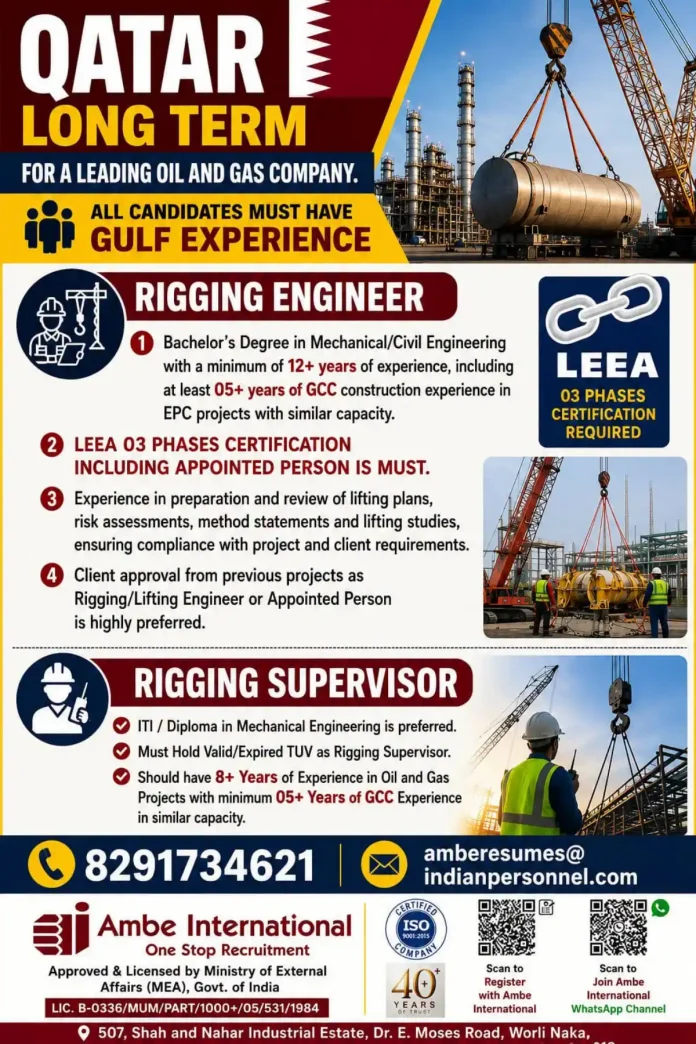 Rigging Engineer and Rigging Supervisor jobs in Qatar oil and gas