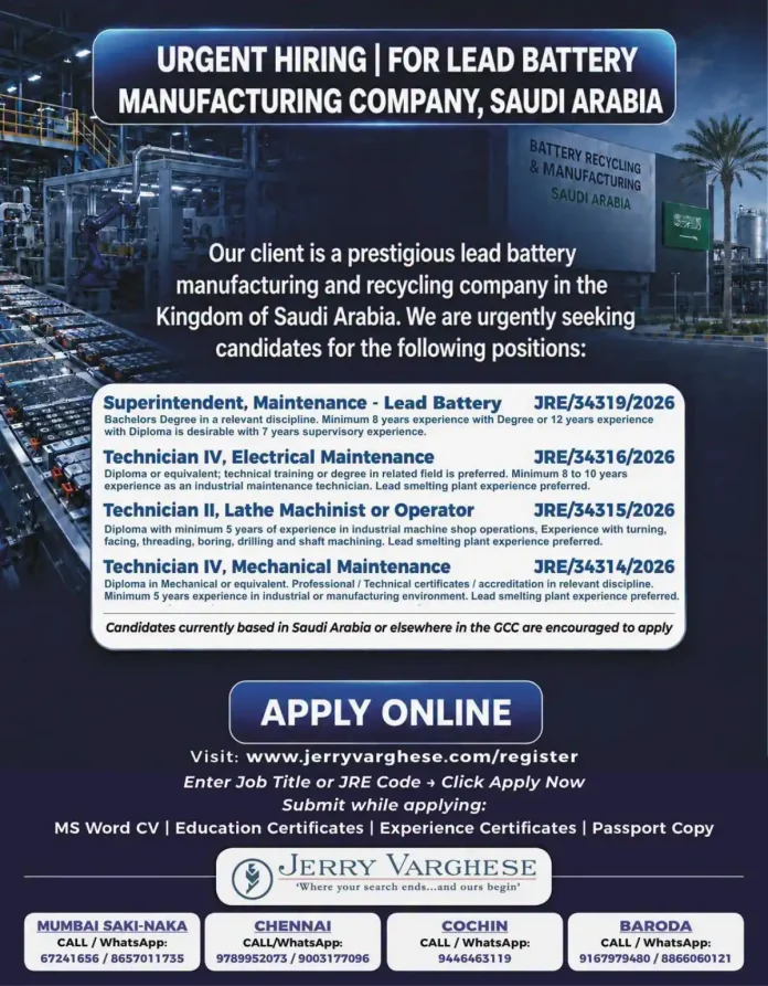 Lead battery manufacturing and recycling jobs in Saudi Arabia