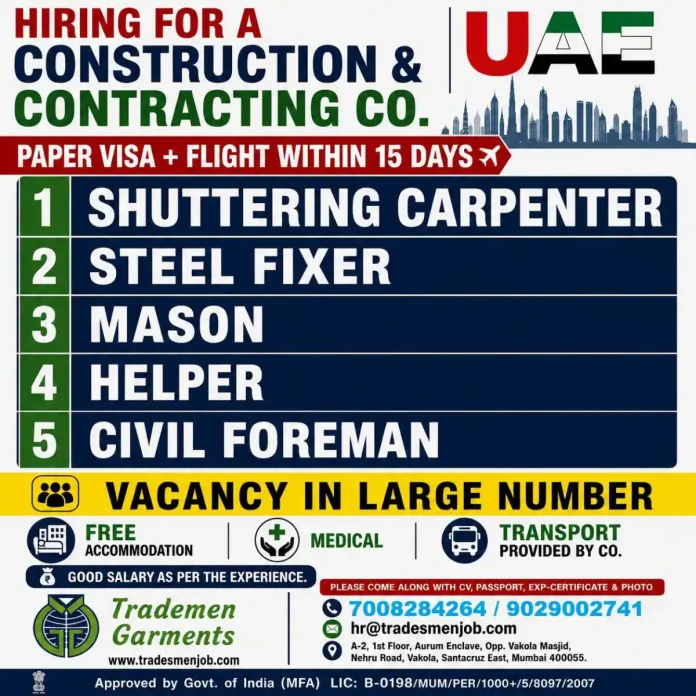 UAE construction jobs - Shuttering Carpenter, Steel Fixer, Mason, Helper and Civil Foreman hiring