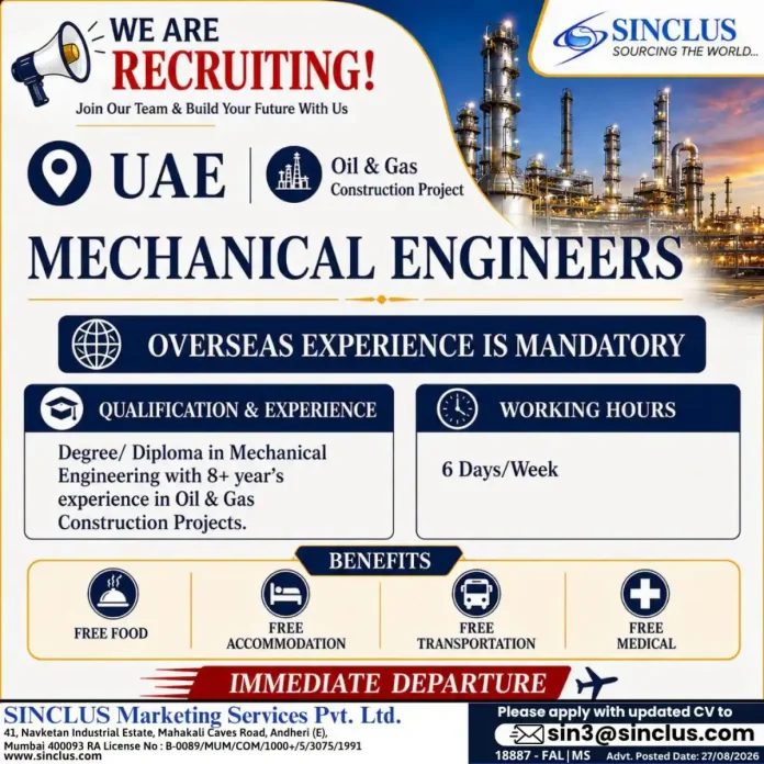 Mechanical Engineer Jobs UAE Oil & Gas Construction – Sinclus Recruitment