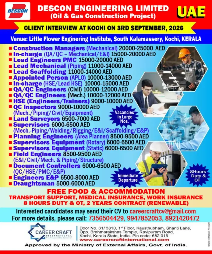 Descon Engineering UAE Kochi Client Interview 2026 Job Vacancies