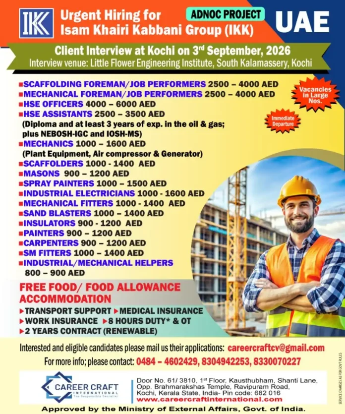 ADNOC Project UAE urgent hiring client interview in Kochi 2026