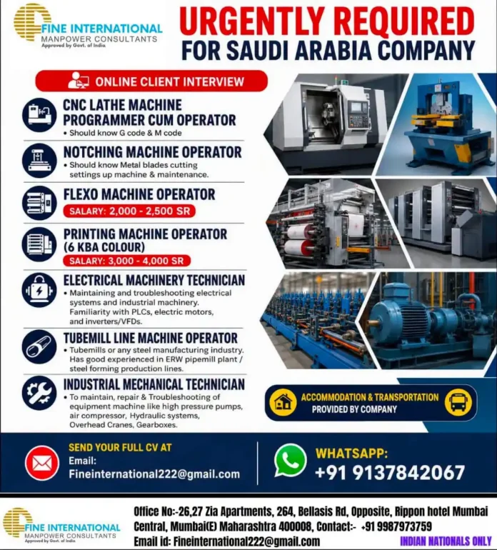 Saudi Arabia jobs for Indian nationals - CNC, Flexo, Printing and Tubemill operators