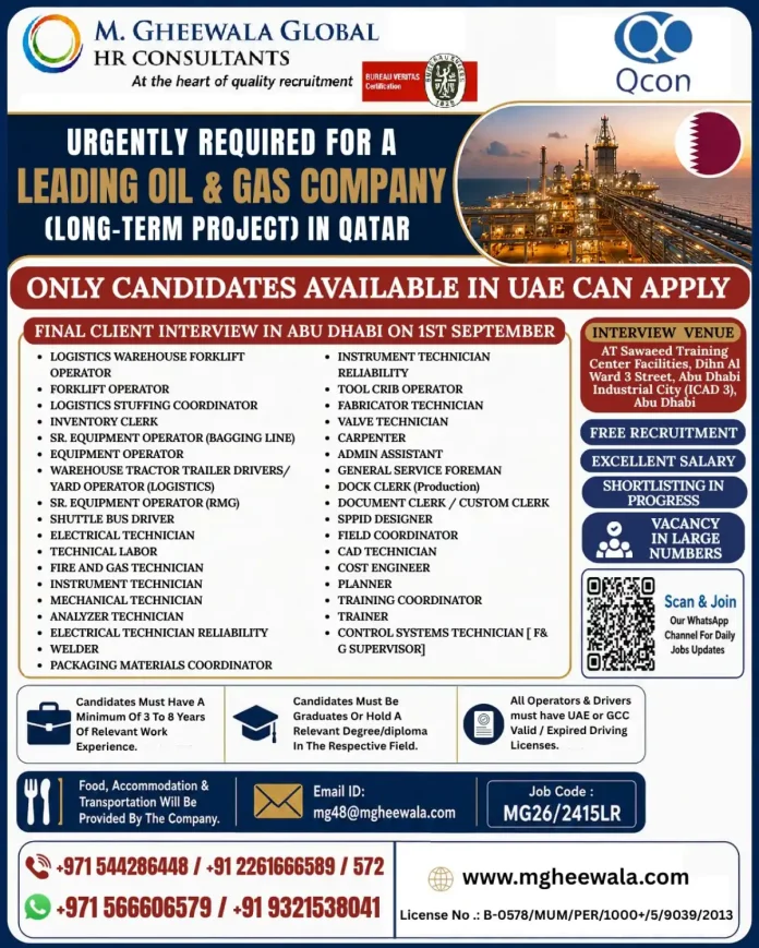 Urgent Oil & Gas jobs in Qatar with final client interview in Abu Dhabi