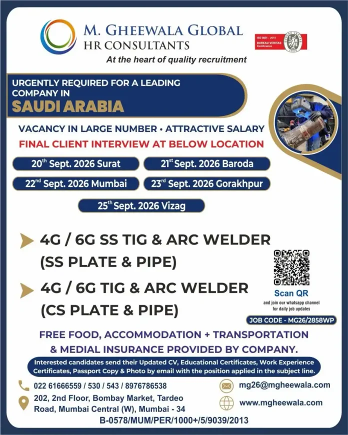 M. Gheewala Global HR Consultants urgent recruitment for 4G/6G TIG & ARC Welder jobs in Saudi Arabia with walk-in interviews in Sept 2026