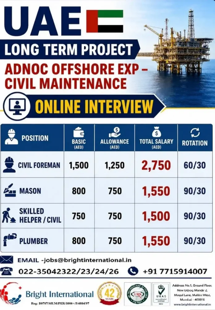 ADNOC offshore civil maintenance jobs civil foreman mason plumber vacancy