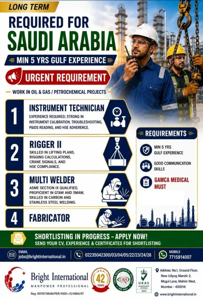 Saudi Arabia Oil & Gas jobs recruitment for Instrument Technician, Rigger, Welder and Fabricator