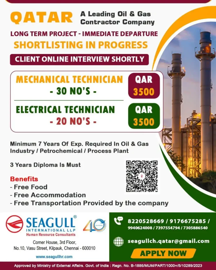 Qatar Oil and Gas Mechanical and Electrical Technician Jobs with Seagull International LLP
