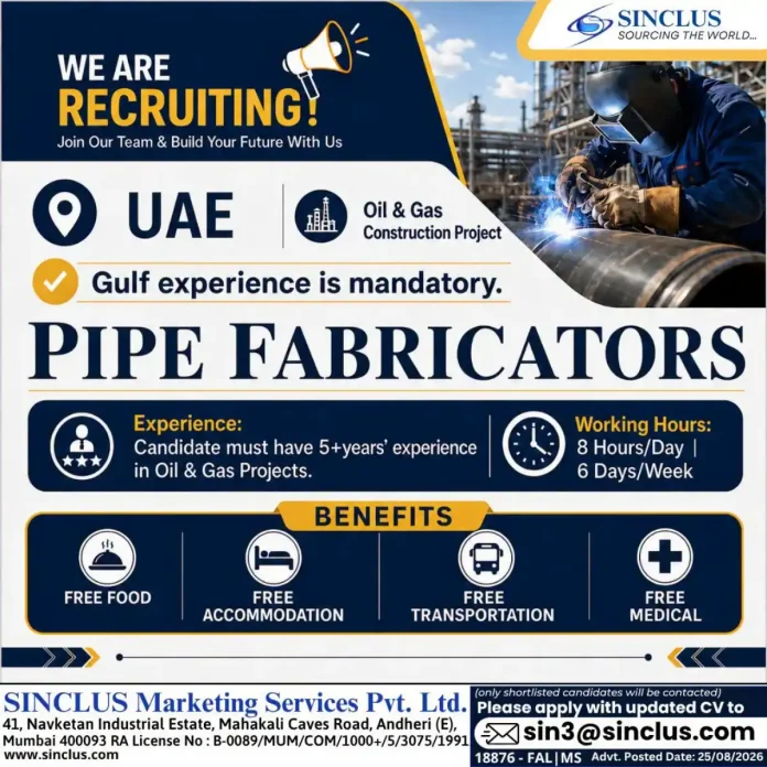 Pipe Fabricator job opportunity in UAE with Sinclus for Oil & Gas construction projects