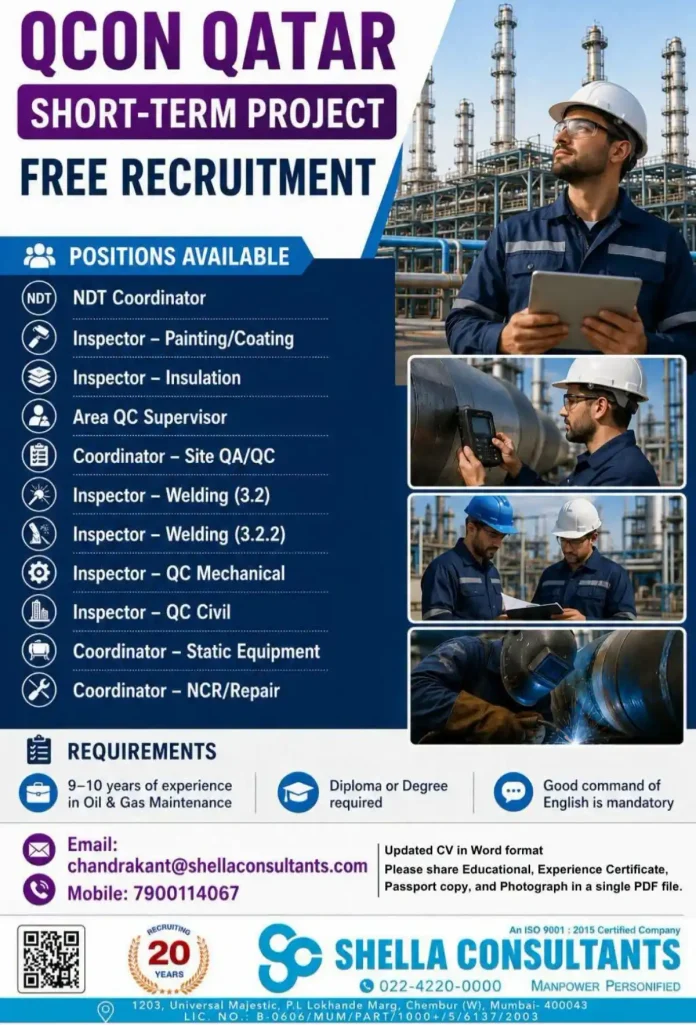 QCON Qatar NDT QC jobs recruitment by Shella Consultants