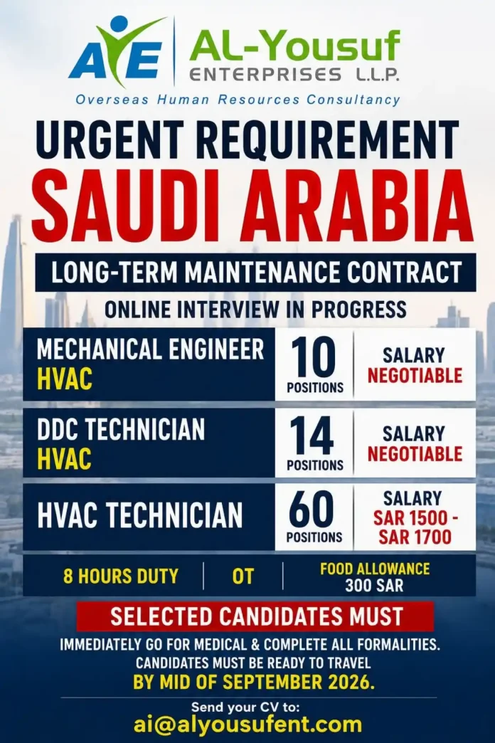 HVAC technician and mechanical engineer jobs in Saudi Arabia 2026