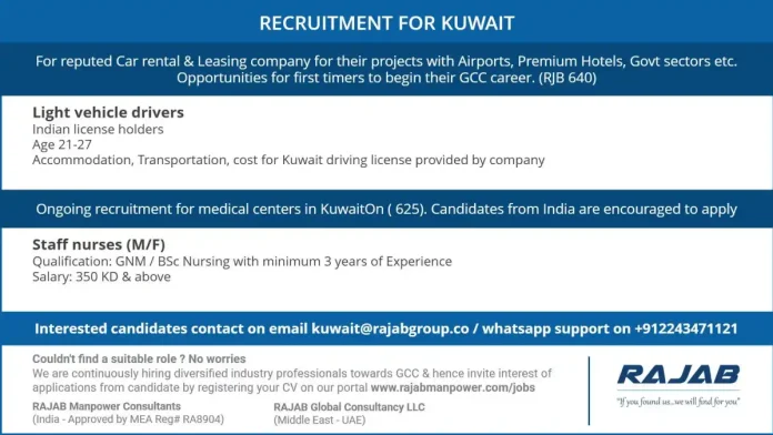 Kuwait recruitment for light vehicle drivers and staff nurses by Rajab Manpower Consultants
