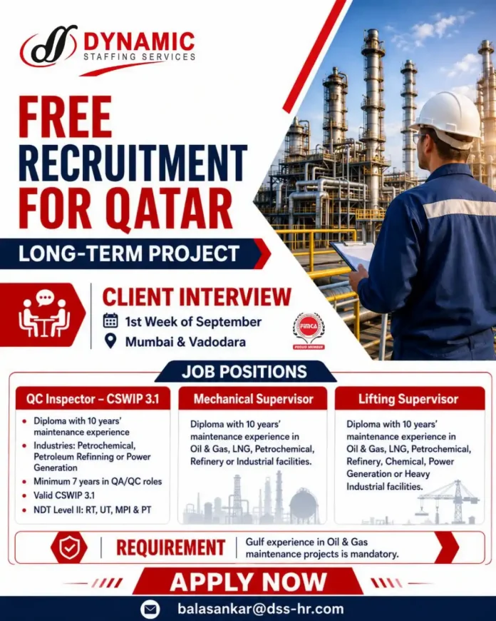 QC Inspector, Mechanical Supervisor and Lifting Supervisor jobs in Qatar with client interview in Mumbai and Vadodara