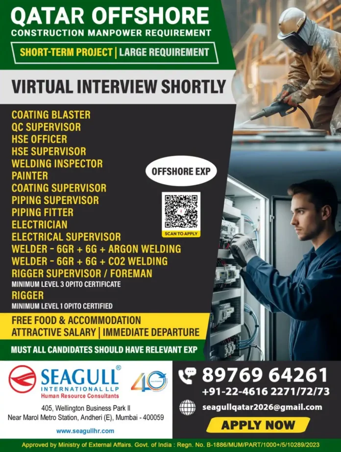 Qatar offshore construction jobs – coating blaster, welder, rigger, electrician and supervisor positions